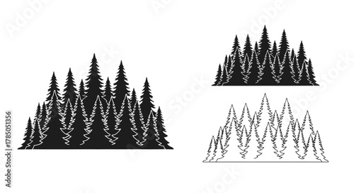 a forest scene with three different styles of pine trees illustrated