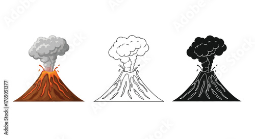 a colorful eruption sketch and black white versions of volcano