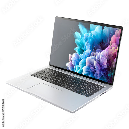 Modern silver laptop with colorful abstract wallpaper on screen isolated on transparent background