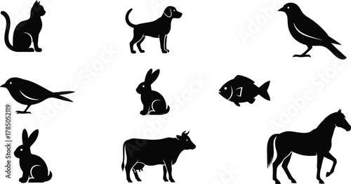 Animals basic silhouette icon set. Vector pictograms of cat, dog, bird, fish, rabbit, cow, horse, simple solid shape illustration.