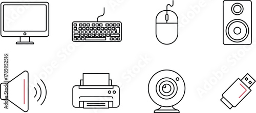 Computer elements simple line icon set. Vector pictograms of monitor, keyboard, mouse, printer, speaker, webcam, USB stick, simple stroke illustration.