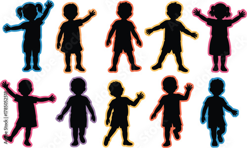Diverse group of child silhouettes with vibrant, colorful outlines in various dynamic poses, childhood concept on vector illustration