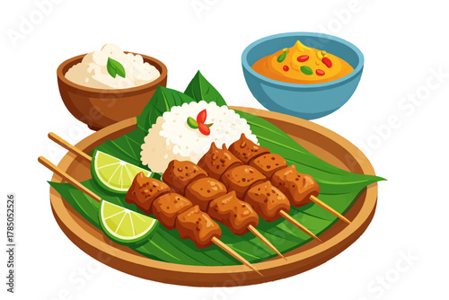 a plate of satay with peanut sauce on a banana leaf, with other side dishes