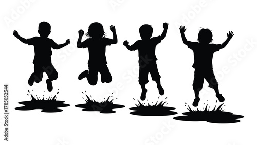 Kids splashing in puddles silhouette isolated on white background, Vector