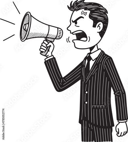 Angry businessman shouting through a megaphone in a black and white illustration