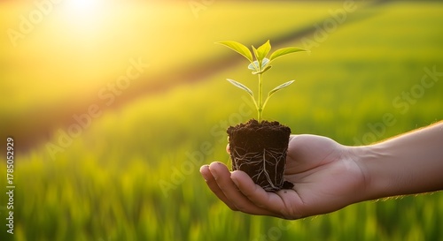 Close up of a farmer's hand holding a small seedling on a field in the warm morning sunlight, with a blurred background of the plantation.