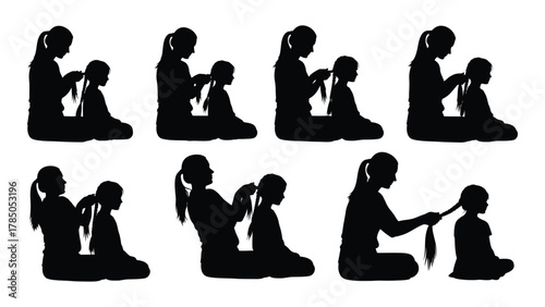 Woman braiding child's hair silhouette sequence isolated on white background, Vector