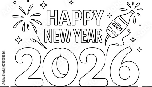 Happy new year 2026 celebration with fireworks and champagne bottle outline art