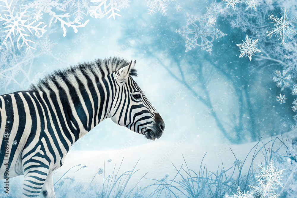 Fototapeta premium Zebra in Snowy Winter Forest with Flakes