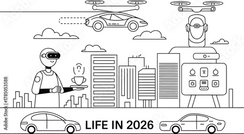 Futuristic cityscape with drones vr and autonomous cars in 2026