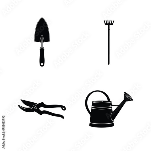 Gardening Tools Vector Icon Set — Watering Can, Pruning Shears, Hand Trowel, and Garden Rake on White Background