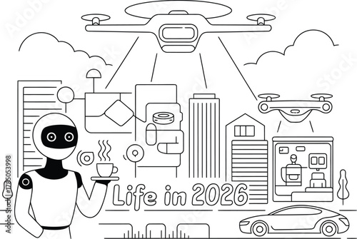 Futuristic cityscape with robots drones and smart technology