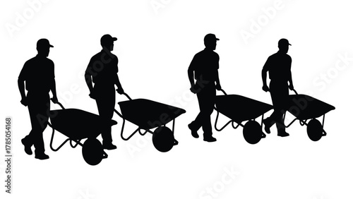 Silhouettes of men pushing wheelbarrows isolated on white background, Vector