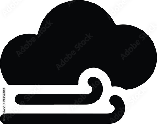 Black Cloud Icon with Wind Gusts on White weather symbol