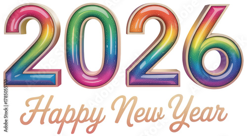 Colorful 3d numbers 2026 with happy new year text isolated on transparent background