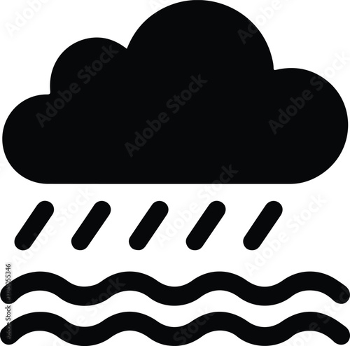 Cloud raining on wavy water icon weather storm