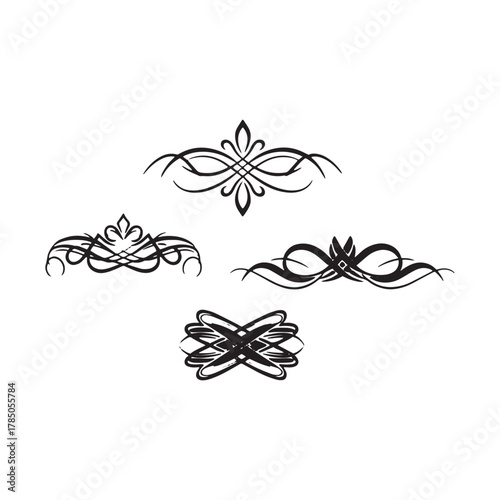 Four Black Ornate Flourishes and Decorative Elements Keywords: flourish, divider, ornate
