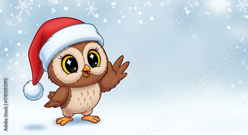 Cartoon owl wearing a Santa hat waving in a snowy background  