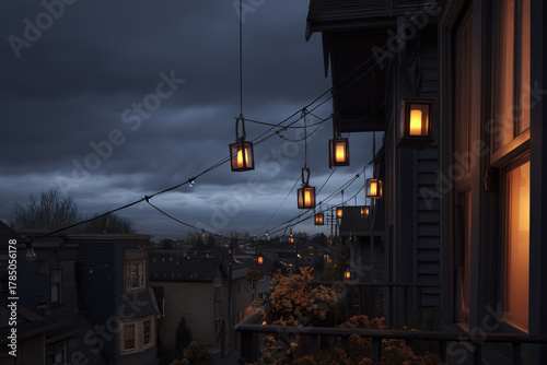 Twilight Urban Resilience Drill Using Balcony Solar-Battery Kit To Power Emergency Lanterns, Neat Cables, Eye-Level Community Scene