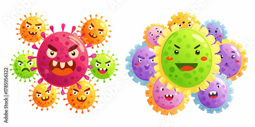 Cartoon viruses with different emotions some angry and some happy representing good and bad germs
