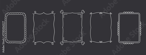 Five hand drawn frames with hearts, curls and decorative border elements, dark background