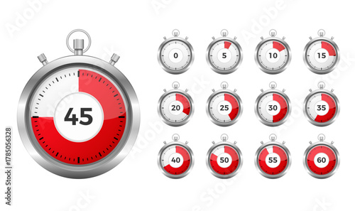 Collection of realistic silver stopwatch timers showing different time intervals from 0 to 60 with red indicator zones