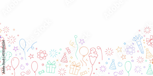 Colorful hand drawn party elements border on white background festive celebration design