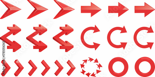 Collection of various red 3d directional arrows and circular shapes on a white background