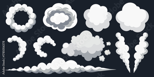 Collection of stylized cartoon smoke and cloud shapes for visual effects and design elements