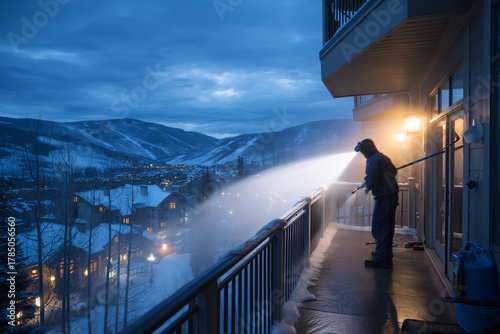 Alpine Condo Balcony Solar With De-Icing Crew Brushing Frosted Panels At Blue Hour, Headlamps, Breath Vapor, Mountain Town Below