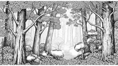 Vector illustration of enchanted forest clearing with a waterfall and mushrooms, black and white sketch on a white background