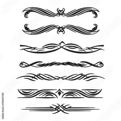 Set of Seven Black Ornate Text Dividers on White Background Keywords: text divider, ornament