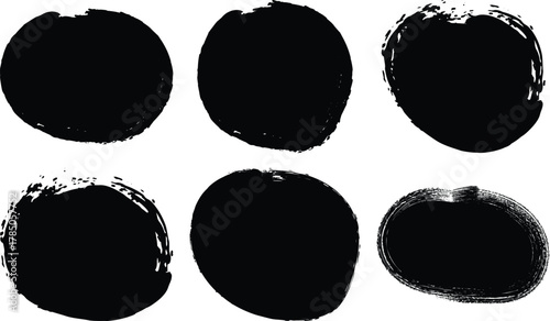 Six distressed black oval shapes with rough edges and textured grunge effect isolated on transparent background