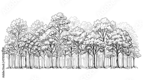 Vector illustration of row of deciduous trees in a forest, black and white sketch on a white background