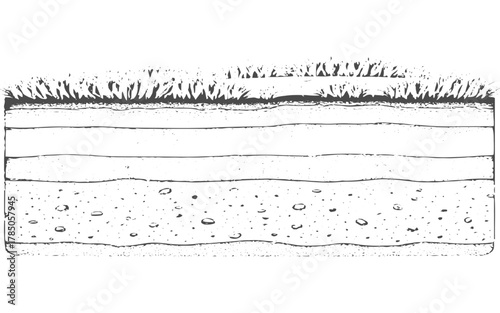 Black and white cross section illustration of soil layers with grass and water vector