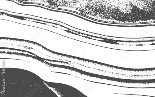 Black and white graphic illustration of geological strata with varied textures and patterns abstract.Abstract layered geological strata texture with hatching and stippling background pattern
