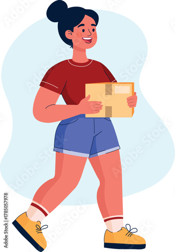 Vector illustration in flat style with the image of a joyful girl carrying a package, a box, a gift