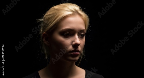 Melancholic Gaze: A captivating portrait of a fair-haired person gazing pensively into the distance against a stark, black backdrop, capturing a moment of contemplation and introspection.