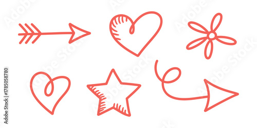 Hand-drawn doodle elements including hearts stars arrows and a flower vector illustration for design and decoration