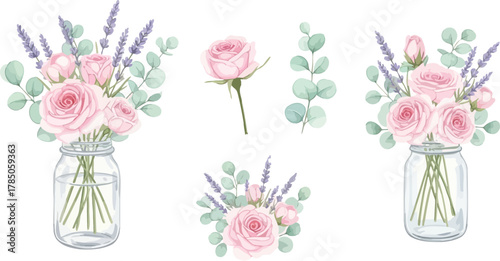Watercolor illustration of pink roses and lavender in mason jars and loose sprigs on white