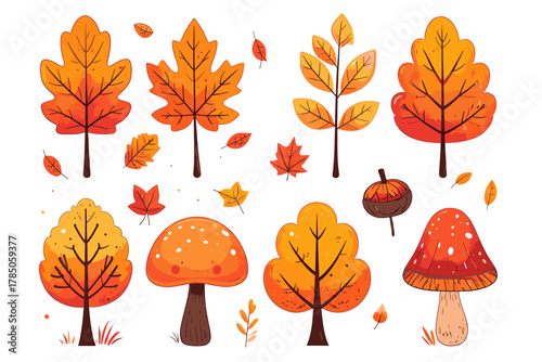 Autumnal Elements A Collection of Fall Leaves, Trees, Mushrooms, and Acorns in Vector Illustration