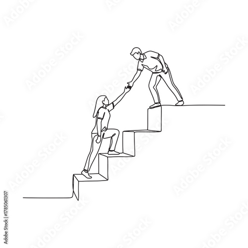 continuous one-line drawing of a person helping another climb stairs, symbolizing support and teamwork