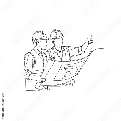 continuous line drawing of two construction engineers examining blueprint and pointing