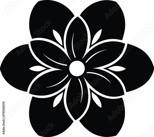 Black stylized six petal flower with inner detail isolated on white background