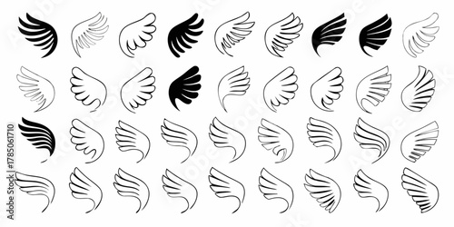 Collection of diverse black and white wing illustrations and icons in various styles and shapes