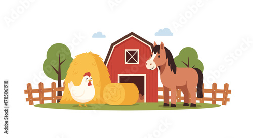 A charming farm scene unfolds with a rustic barn a haystack and a friendly horse.