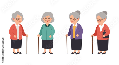 A group of four elderly women standing together holding canes and looking serious and wise.