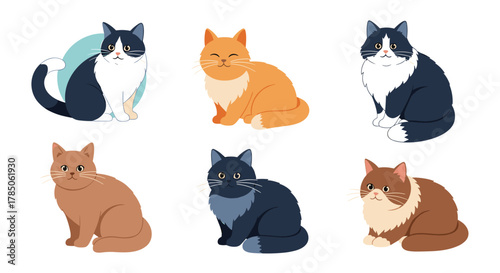 A charming collection of pixel art cats in various colors and poses.