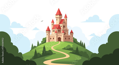 An ancient fairytale castle sits atop a verdant hill under a vast sky.