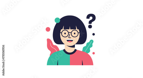 A curious person with a question mark above their head surrounded by abstract shapes and leaves indicating wonder.